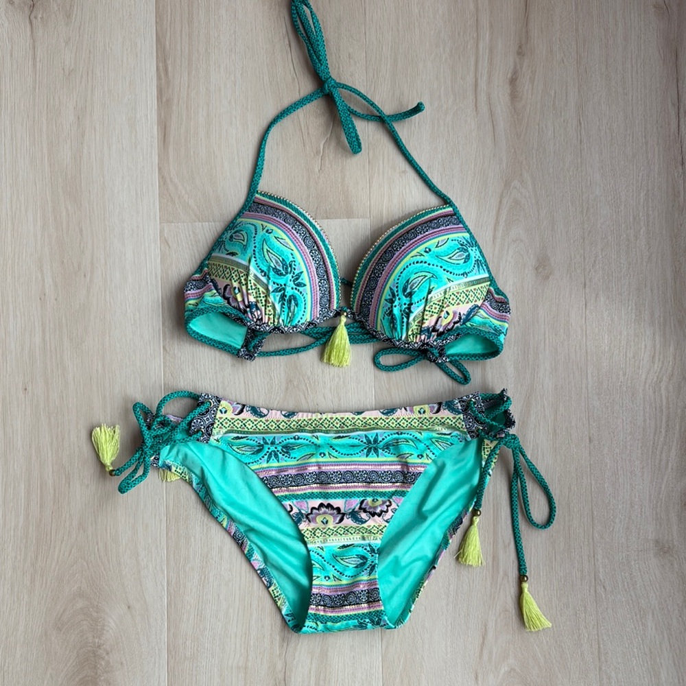 Shade & Shore Teal and Yellow Patterned Bikini Set